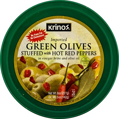 KRINOS Green Olives stuffed with hot red peppers 8oz